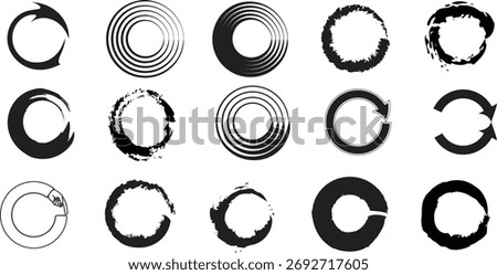 Abstract Circular Black Symbols Set - Rings, Spirals, Arrows, and Grunge Ink Shapes