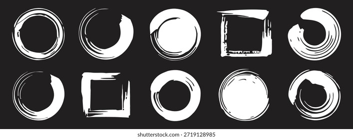 Abstract circular brush frame collection with rough hand-painted ink textures. Minimal grunge rings and shapes create an artistic modern look. Ideal for logos, borders, stamps, and creative graphic design projects.