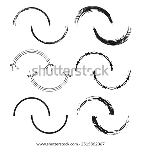 Abstract circular brush strokes. Hand drawn arrows and barbed wire. Dynamic grunge curves. Vector ink shapes.
