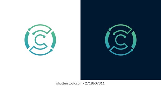 Abstractas diseño circular del logotipo de la letra C con Elementos de circuitos digitales, que simboliza la tecnología avanzada, la conectividad de datos y las soluciones de red seguras para las empresas de tecnología moderna
