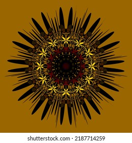 Abstract circular composition in Black Yellow Red Orange on a Brown background Kaleidoscope design Abstract Geometric Vector Illustration Line Round Ornament. Geometric pattern fractale. Flower EPS 10