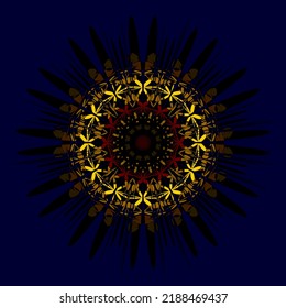 Abstract circular composition in Black Yellow Red on a Dark Blue background Kaleidoscope design Abstract Geometric Vector Illustration Line Round Ornament. Geometric pattern fractale. Flower EPS 10