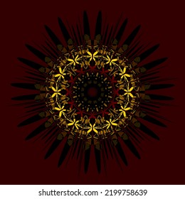Abstract circular composition in Black Yellow Red Brown on a Red background Kaleidoscope design Abstract Geometric Vector Illustration Line Round Ornament. Geometric pattern fractale. Flower EPS 10
