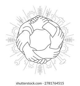 Abstract circular composition of shaking hands surrounded by gears and wheat symbols. Linear vector illustration representing global cooperation.