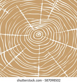 Abstract circular cross cut of tree background. Hand drawn cracked woody texture with sketchy drawing. Contrast concentric circles doodle style backdrop. Vector illustration.