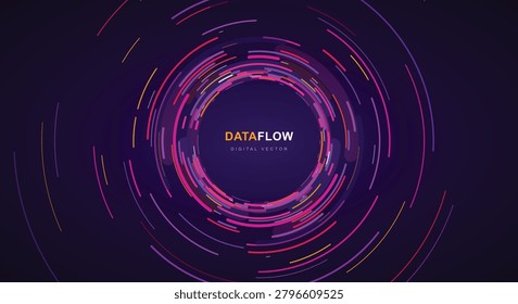 Abstract Circular Dataflow Digital Vector Background With Colorful Glowing Round Loading Lines Swirling Patterns On Dark Purple Tech Design
