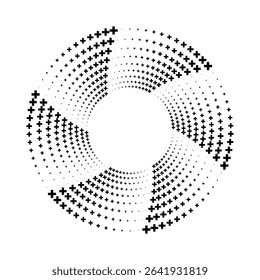 Abstract circular design composed of  black plus symbols, radiating outwards from a hollow white center with varying sizes and densities creating a swirling effect on a white background