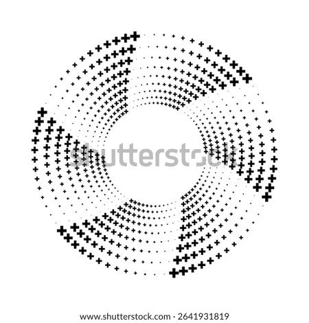 Abstract circular design composed of  black plus symbols, radiating outwards from a hollow white center with varying sizes and densities creating a swirling effect on a white background