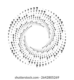 Abstract circular design composed of a radial scattered black question marks  on a white background.