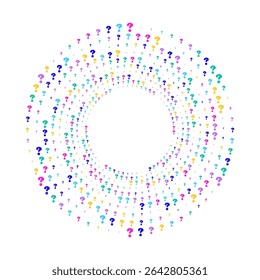 Abstract circular design composed of a radial scattered colorful question marks  on a white background.