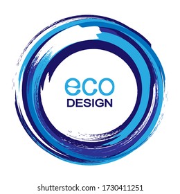 Abstract circular design element drawn by brush, blue paint circles, round frame