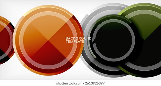 Abstract circular design features overlapping rings. Warm orange, red, gray, green hues create modern visual texture. Background template for various projects.