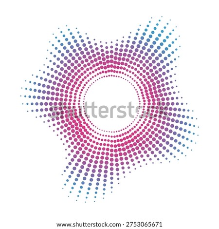 Abstract circular design featuring a dynamic halftone dot pattern with a vibrant neon pink and blue gradient, perfect for audio spectrums or modern tech-themed backgrounds.