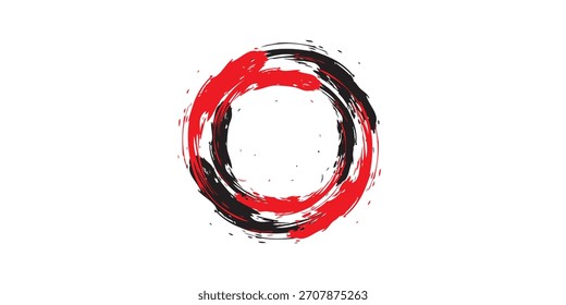 Um design circular abstrato com pinceladas vermelhas e pretas com uma aparência texturizada, semelhante a aquarela em um fundo branco.