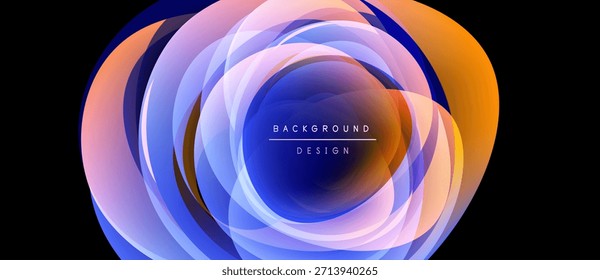 Abstract circular design. Layers overlap, creating vibrant orange, blue, purple hues. Center text reads background design. Modern, dynamic visual.
