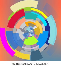 Abstract circular design with multiple colorful shapes. Overlapping rectangles and circles in various colors. Dynamic and energetic composition.