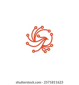 An abstract, circular design resembling a stylized bird with multiple lines extending outward, each ending in a small circle