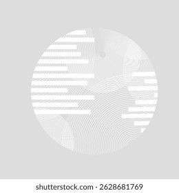 Design circular abstrato com linhas brancas e padrões geométricos em um fundo cinza. Círculos concêntricos e linhas horizontais criam uma aparência moderna e minimalista. Vetor de elemento gráfico.
