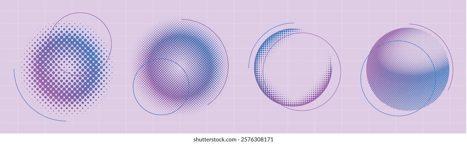 Abstract circular designs with halftone effects. Circles in blue and purple hues. Circular patterns with halftone textures. Modern circular abstract art. Graphic element vector illustration set.