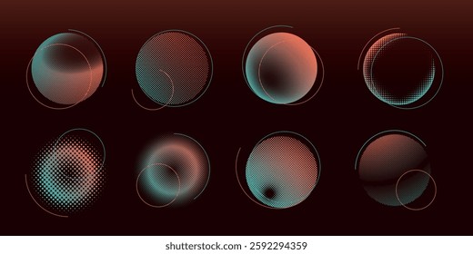 Abstract circular designs with halftone patterns. Circles in red and teal. Circular shapes with gradient effects. Modern abstract circular art. Graphic element vector illustration set.