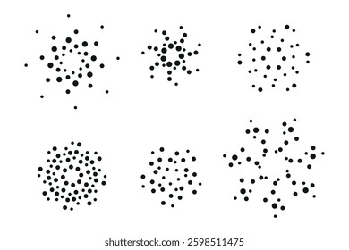 Abstract circular dot compositions, radial geometric patterns, black dots on white background, modern minimal design.