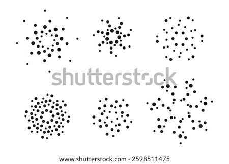 Abstract circular dot compositions, radial geometric patterns, black dots on white background, modern minimal design.