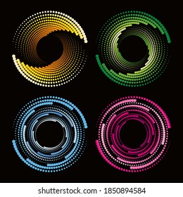 Abstract circular dots colorful halftone disco background, swirling twisted vortex, vibrant party lights, vector illustration