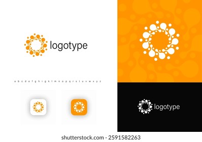 Abstract circular dotted logo with interconnected molecular shapes, symbolizing innovation, networking, technology. Ideal for solar energy technology, biotech. Modern orange vector logo concept.