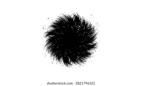 An abstract circular element created with black ink brush strokes featuring a fibrous hairy texture on a white background