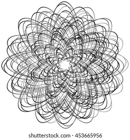 Abstract circular element with random, irregular lines. Concentric spiral element isolated on white.