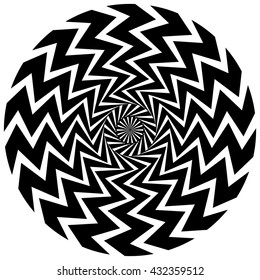 Abstract circular element. Rotating radial lines with wavy effect. Geometric monochrome circle. Abstract burst element.