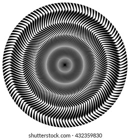Abstract circular element. Rotating radial lines with wavy effect. Geometric monochrome circle. Abstract burst element.