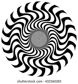 Abstract circular element. Rotating radial lines with wavy effect. Geometric monochrome circle. Abstract burst element.