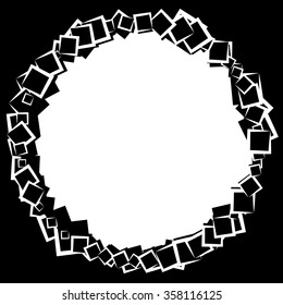 Abstract circular element with scattered overlapping squares. Monochrome vector shape.
