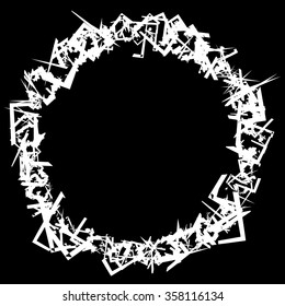 Abstract circular element with scattered overlapping squares. Monochrome vector shape.