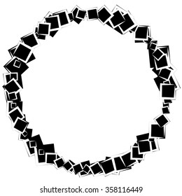 Abstract circular element with scattered overlapping squares. Monochrome vector shape.