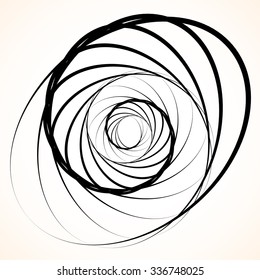 Abstract circular element. Spinning, swirling forms, shapes. Single black motif isolated on white.