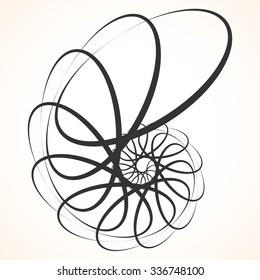 Abstract circular element. Spinning, swirling forms, shapes. Single black motif isolated on white.
