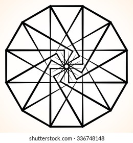 Abstract circular element. Spinning, swirling forms, shapes. Single black motif isolated on white.