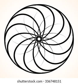 Abstract circular element. Spinning, swirling forms, shapes. Single black motif isolated on white.