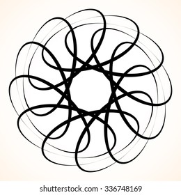 Abstract circular element. Spinning, swirling forms, shapes. Single black motif isolated on white.