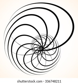 Abstract circular element. Spinning, swirling forms, shapes. Single black motif isolated on white.