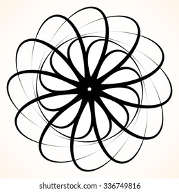 Abstract circular element. Spinning, swirling forms, shapes. Single black motif isolated on white.