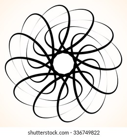Abstract circular element. Spinning, swirling forms, shapes. Single black motif isolated on white.