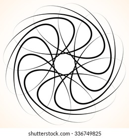 Abstract circular element. Spinning, swirling forms, shapes. Single black motif isolated on white.