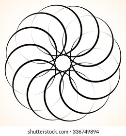Abstract circular element. Spinning, swirling forms, shapes. Single black motif isolated on white.