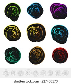 Abstract circular elements - circles, ovals with distortions in bright, lively colors. (W/ Outline versions)
