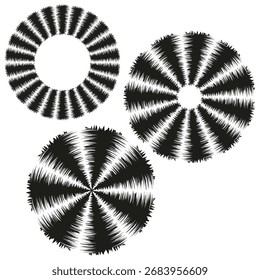 Abstrakte kreisförmige Elemente. Radiales Stachelmuster. Monochrome Vektorgrafik. Sammlung konzentrischer Formen. EPS 10.