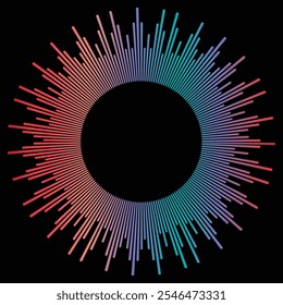 Abstract circular equalizer logo. Colorful bright abstract audio spectrum lines background. Sunburst on black background. Round graphic design element. circle frame. EPS Vector 