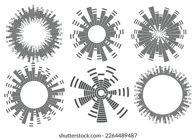 Abstract circular equalizer. Round audio eq soundwaves. Graphic abstract frame. Vector set.